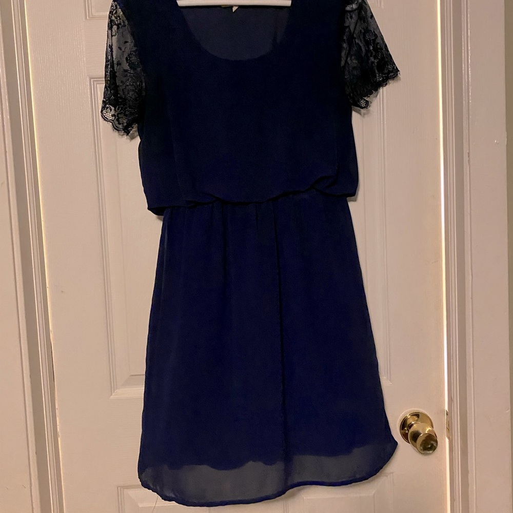 Navy blue dress with lace sleeves